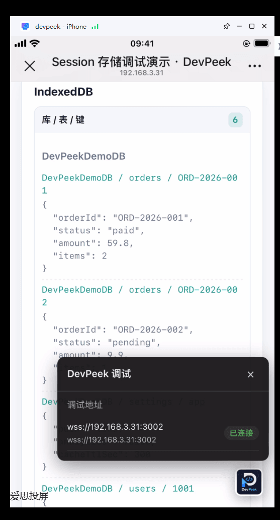 DevPeek 页面注入调试弹窗：调试地址与连接状态