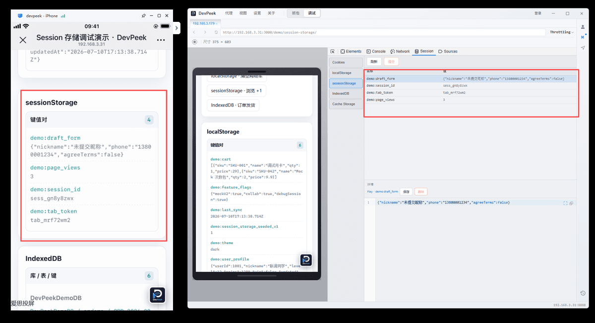 DevPeek Session 面板中的 sessionStorage 键值