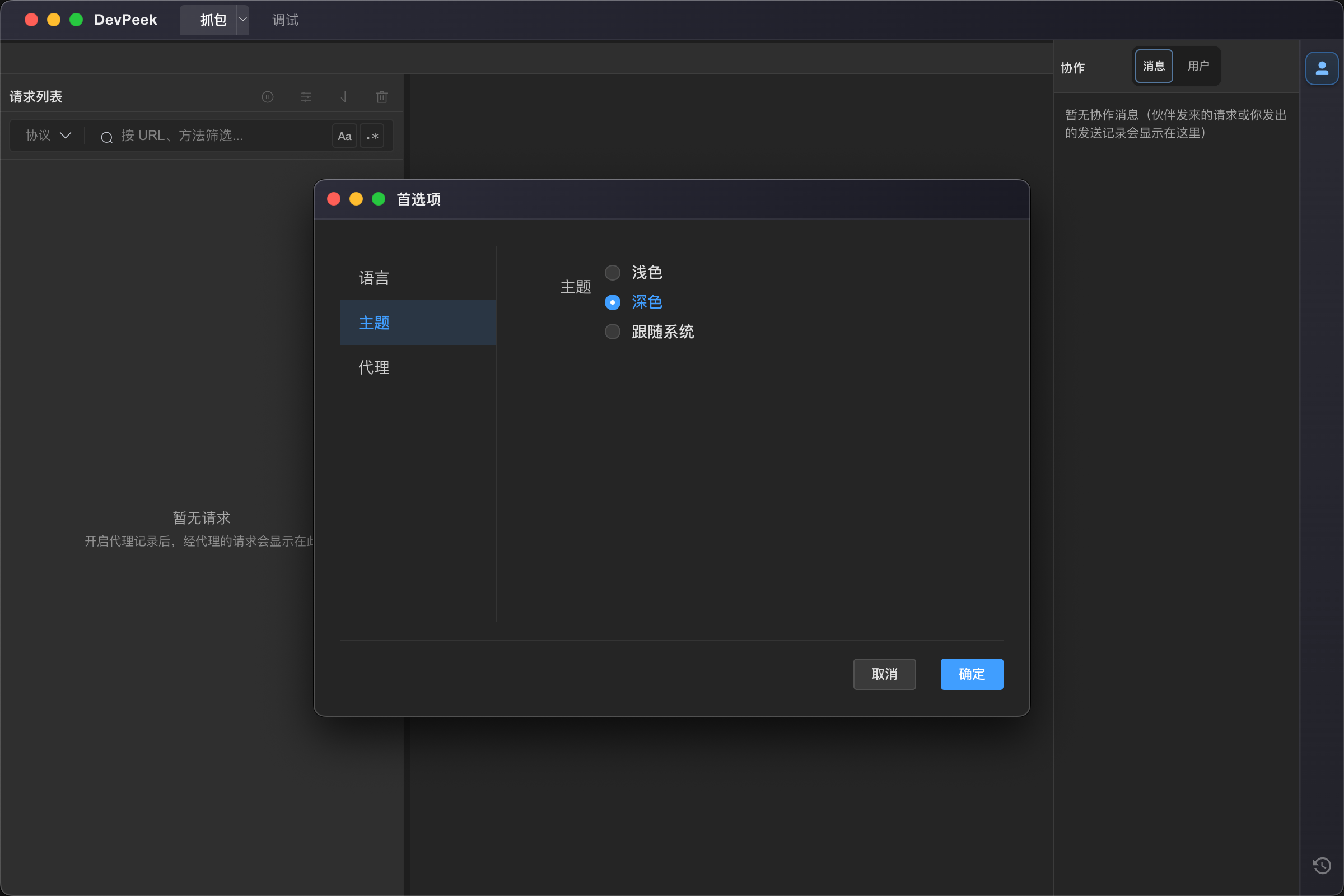 DevPeek 深色主题下打开首选项窗口的界面截图