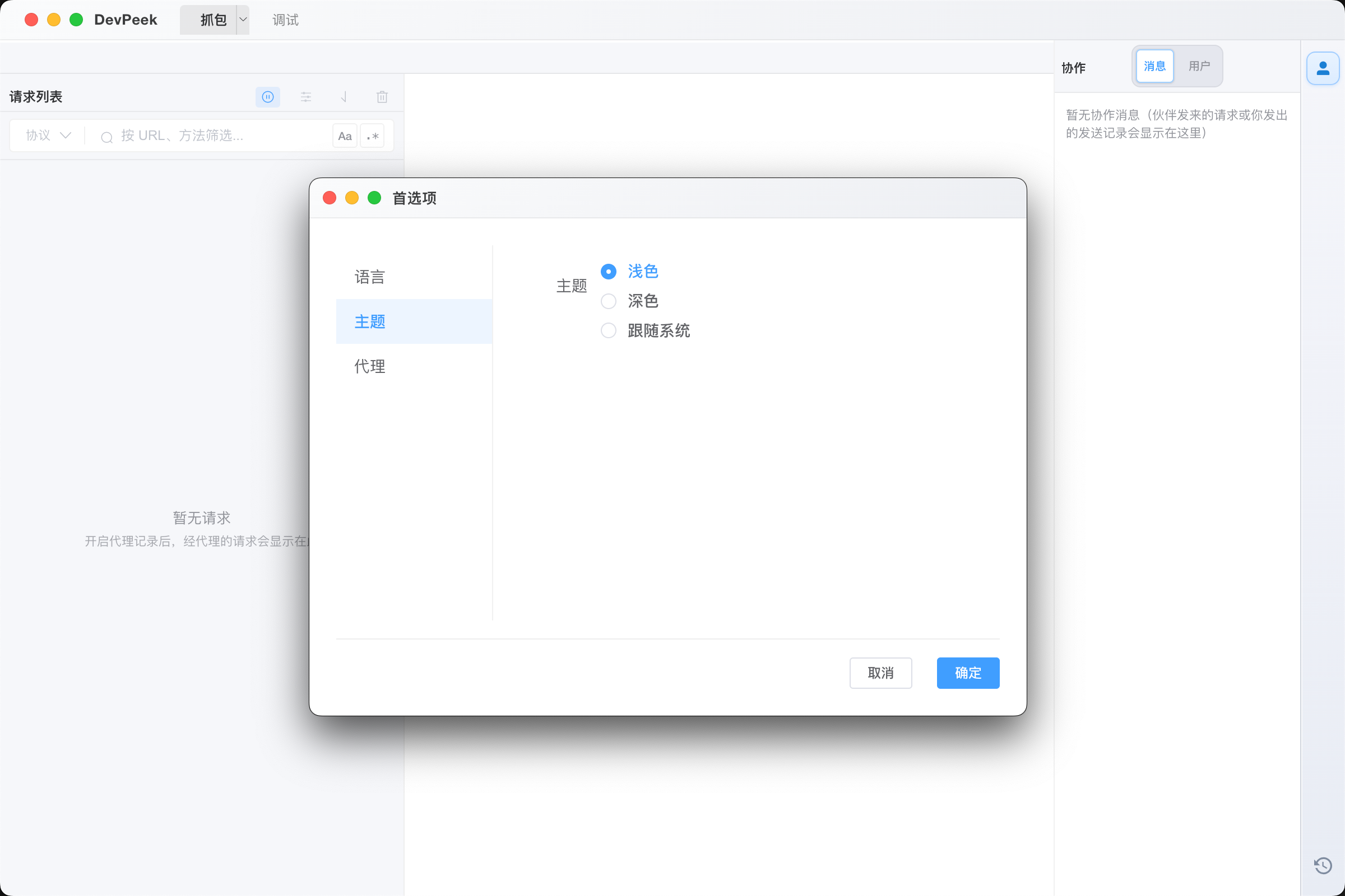 DevPeek 浅色主题下打开首选项窗口的界面截图