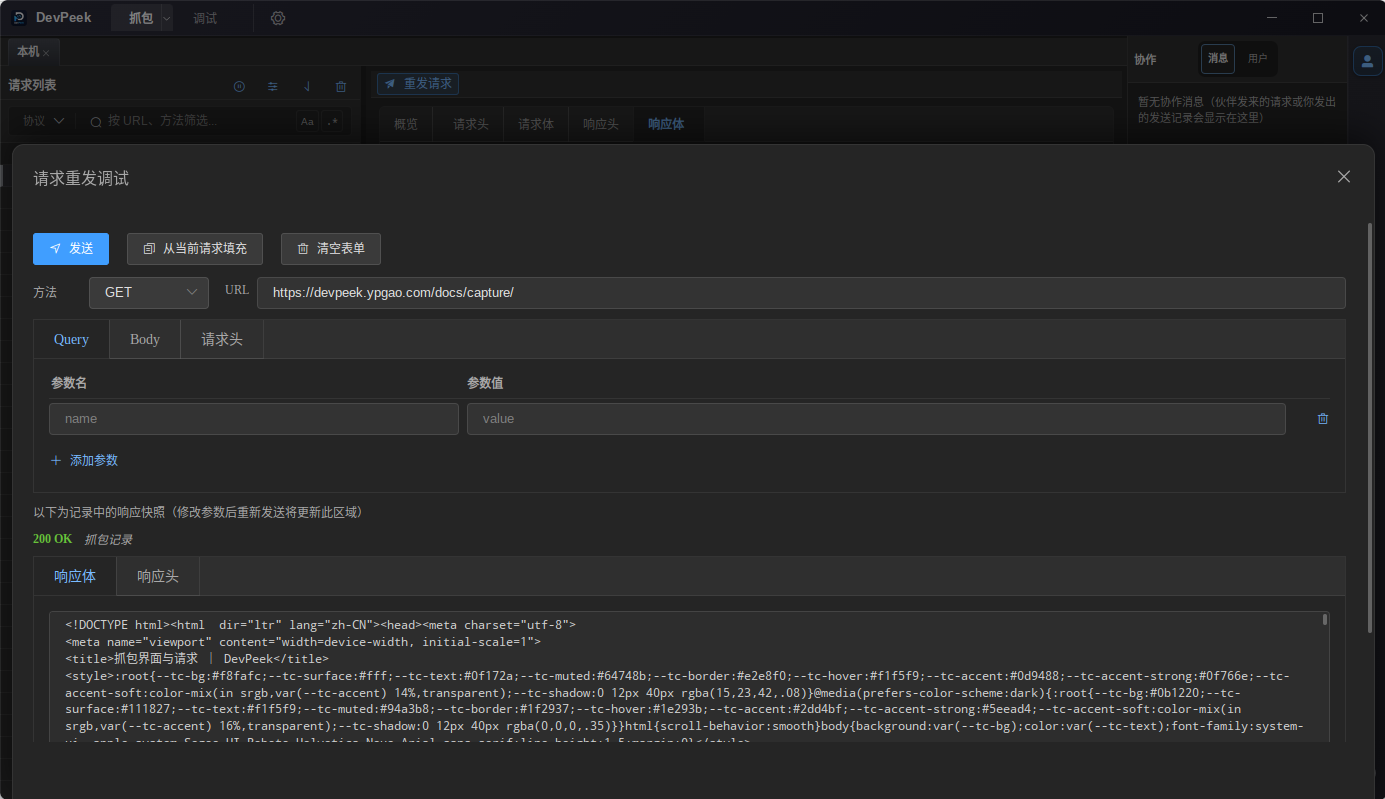 DevPeek 请求重发调试抽屉：Query/Body/请求头与响应快照